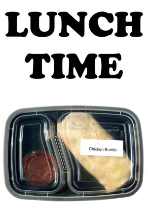 Foto de Chicken Burrito. Restaurant Food to Go. Food Delivery. Lunch. Dinner. Packaged Food to go. Isolated on white. Room for text. Lunch Time. - Imagen libre de derechos