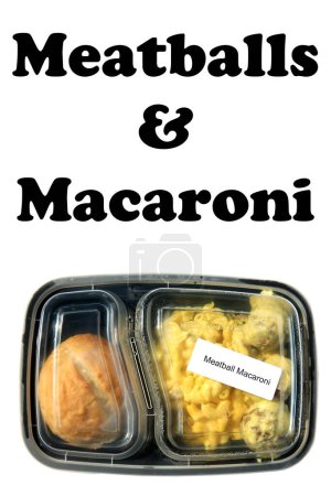Photo for Meatballs and Macaroni. Restaurant Food to Go. Food Delivery. Lunch. Dinner. Packaged Food to go. Isolated on white. Room for text. Lunch Time. - Royalty Free Image