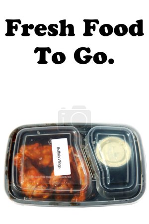 Foto de Buffalo Wings. Chicken Wings. Hot Wings. Restaurant Food to Go. Food Delivery. Lunch. Dinner. Packaged Food to go. Isolated on white. Room for text. Lunch Time. - Imagen libre de derechos