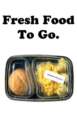 Foto de Ftrsh Food to Go.  Meatballs and Macaroni. Food Delivery. Lunch. Dinner. Packaged Food to go. Isolated on white. Room for text. Lunch Time. - Imagen libre de derechos