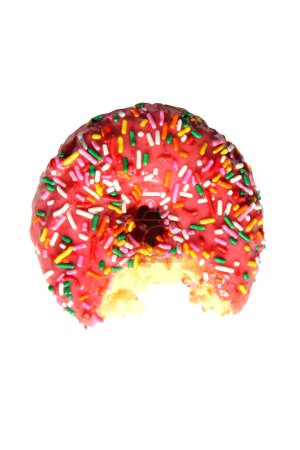Téléchargez les photos : Donut. Pink Donut with Rainbow Sprinkles. Isolated on white.  Donut in pink glaze with colored sprinkles. - en image libre de droit