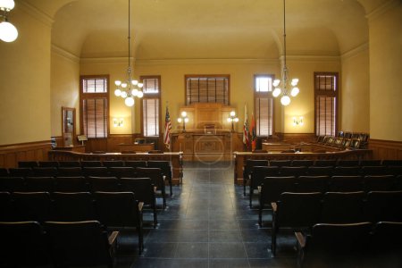 Foto de Santa Ana, California USA - 1-19-2022: Santa Ana, Orange County California, Courthouse built in 1889. Court Room and Offices. Preserved as a Museum for tourist and visitors. - Imagen libre de derechos