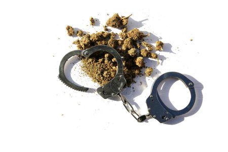 Téléchargez les photos : Marijuana. Cannabis. Marijuana and the Law.  Cannabis Use. Cannabis and Handcuffs. - en image libre de droit
