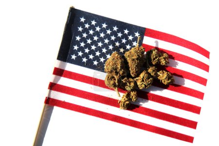Foto de Cannabis. Legal Marijuana. Marijuana Buds with an American Flag. Female Marijuana Flowers. American Medical Marijuana. Recreational Cannabis. Cannabis flowers - Imagen libre de derechos