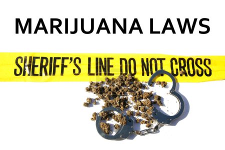 Foto de Cannabis and Handcuffs. Sheriffs Line Do Not Cross. Marijuana Laws. Recreational Pot. Prescription Ganja - Imagen libre de derechos
