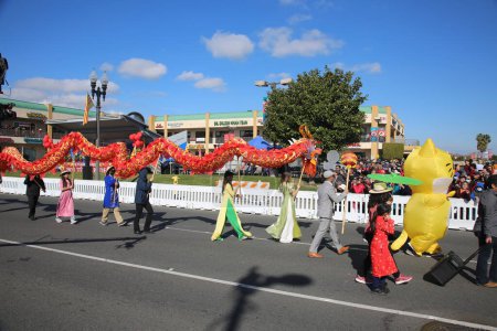 Foto de Westminster, California - USA - January 22, 2023: The Tet Parade to celebrate the Lunar New Year in Little Saigon. The Tet Parade features floats, marching bands, lion dances, color guards, and more. - Imagen libre de derechos
