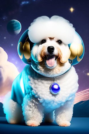 Foto de Space Dog. Bichon Frise Astronaut Dog in Outer Space (en inglés). El perro va al espacio en busca de aventura. Bichon Frise Dog in Outer Space (en inglés). Un astronauta de surgimiento de Bichon espacial explora los límites externos del sistema solar. Los perros espaciales son geniales. - Imagen libre de derechos