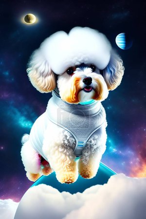 Photo for Space Dog. Bichon Frise Astronaut Dog in Outer Space. Dog goes into space in search of adventure. Bichon Frise Dog in Outer Space. A Space Bichon Frise Astronaut explores the Outer Limits of the Solar System. Space Dogs are Cool. - Royalty Free Image