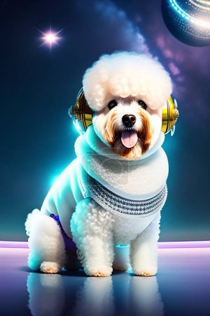 Foto de Space Dog. Bichon Frise Astronaut Dog in Outer Space (en inglés). El perro va al espacio en busca de aventura. Bichon Frise Dog in Outer Space (en inglés). Un astronauta de surgimiento de Bichon espacial explora los límites externos del sistema solar. Los perros espaciales son geniales. - Imagen libre de derechos