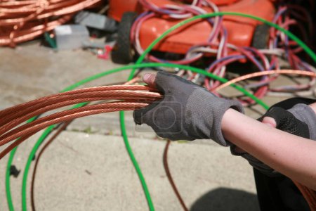 Photo for Copper wire. Scrap old Copper Wire for recycling. Non-ferrous metals. Electrical wiring. Beryllium Copper wire. Bare bright. Bright and Shiny. Electrical Wires. Recycling. - Royalty Free Image