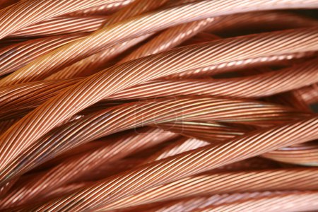 Photo for Copper wire. Scrap old Copper Wire for recycling. Non-ferrous metals. Electrical wiring. Beryllium Copper wire. Bare bright. Bright and Shiny. Electrical Wires. Recycling. - Royalty Free Image