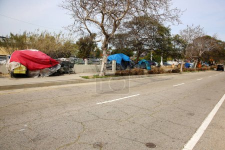 Photo for Venice, California - USA - 3-18-2023: Homeless Encampment in Venice, California. Homeless Tent Camps and Homeless People in Los Angeles California. Approximately 60,000 persons may be found homeless. - Royalty Free Image