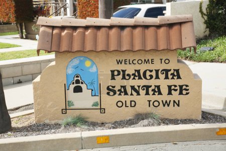Photo for Placentia, California - USA - 3-8-2023: Old Town Placentia billboard in a Public Parking Lot. Placentia the All American City in Orange County California. A small family friendly town with history. - Royalty Free Image