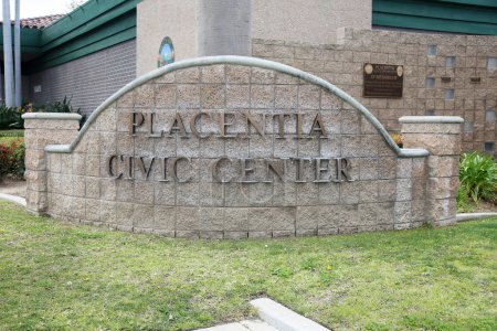Photo for Placentia Civic Center. Placentia Civic Center sign with the Pergola and Fountain. Placentia Civic Center sign to the City Hall, Police Station and Library. - Royalty Free Image