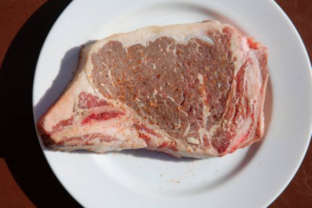 Photo for Steak. Beef Stake. Fresh raw beef steak. Raw Meat. Steak on a White Plate. Raw Meat on a ceramic plate. T-Bone steak. Cut of Beef. Grilled Meat. Porterhouse. Rib-eye. Top Sirloin. - Royalty Free Image