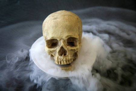 Foto de Calavera humana. Cráneo humano espeluznante en humo. Cráneo humano malvado. Canibalismo. Halloween. Scary Skull. Parca.. - Imagen libre de derechos