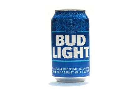 Photo for Lake Forest, California - USA - April 29, 2023: Bud Light. Aluminum can of Bud Light. A boycott was spurred by a sponsorship the company did with Dylan Mulvaney a transgender activist. - Royalty Free Image