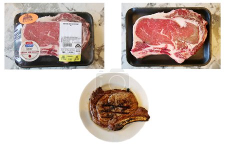 Téléchargez les photos : Steak de côtes de boeuf. USDA Choice Beef Rib Steak Bone In. J'adore la viande. Vache à Steak à Grillé à la perfection. Boeuf pour le déjeuner ou le dîner. Steak grillé juteux sur une assiette en céramique blanche. Isolé sur blanc. - en image libre de droit
