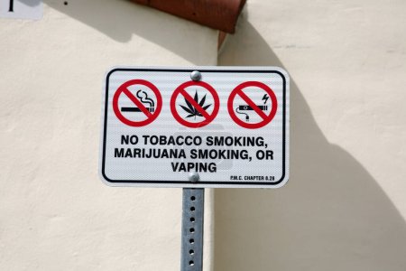 Photo for Placentia, California - USA - 3-8-2023: No Smoking Sign. No Tobacco Smoking. No Marijuana Smoking. No Vaping. Smoking of Tobacco, Vaping or Drugs Prohibited sign. - Royalty Free Image