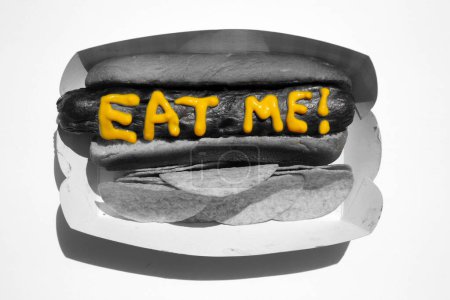 Foto de Hotdog con texto escrito en mostaza amarilla. Perros calientes para el almuerzo. Aislado sobre blanco. Espacio para el texto. - Imagen libre de derechos