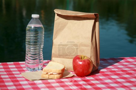 Photo for Lunch time at the lake with sandwich, water bottle and an apple - Royalty Free Image