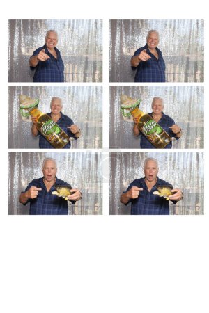 Foto de Lake Forest, California - Estados Unidos - 22 de julio de 2023: El collage fotográfico del hombre sonríe y posa para divertirse mientras está en una cabina fotográfica en una fiesta. Las cabinas de fotos son divertidas para todos. Bud Light Beer Photo Booth. - Imagen libre de derechos