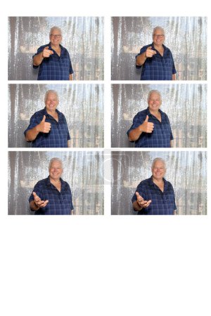 Foto de Collage de fotos del hombre sonríe y posa para imágenes divertidas mientras está en una cabina de fotos en una fiesta. Las cabinas de fotos son divertidas para todos - Imagen libre de derechos