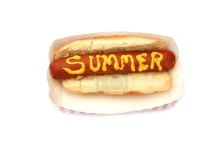 Foto de Hot dog con salchicha y mostaza texto verano - Imagen libre de derechos