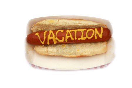 Foto de Hot dog con salchichas y mostaza texto vacaciones - Imagen libre de derechos