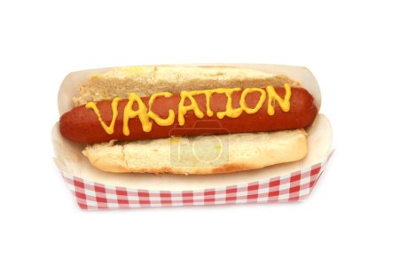 Téléchargez les photos : Hot dog avec saucisse et moutarde texte vacances - en image libre de droit