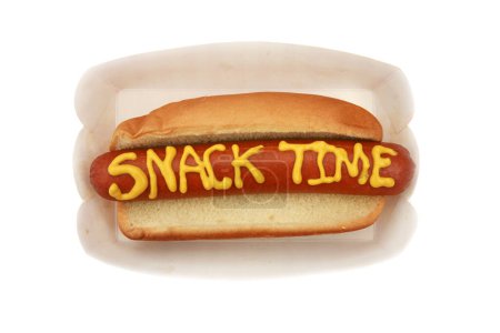 Téléchargez les photos : Nourriture américaine. hot dog avec saucisse et moutarde texte snack temps - en image libre de droit