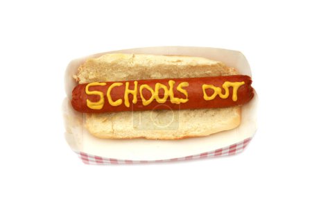 Téléchargez les photos : Hot dog avec saucisse, moutarde texte écrit écoles sur - en image libre de droit
