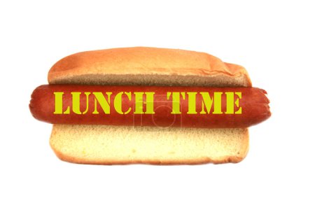 Foto de Comida basura americana. hot dog con salchicha y mostaza. Texto hora del almuerzo - Imagen libre de derechos