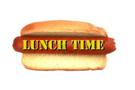 Téléchargez les photos : La malbouffe américaine. hot dog avec saucisse et moutarde. texte heure du déjeuner - en image libre de droit