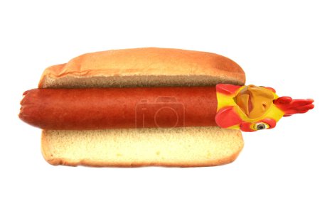 Photo for American fast food. hot dog sausage with hen chicken head mask - Royalty Free Image