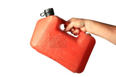 Foto de Hombre caucásico sostiene una lata de plástico rojo GAS aislado sobre fondo blanco - Imagen libre de derechos