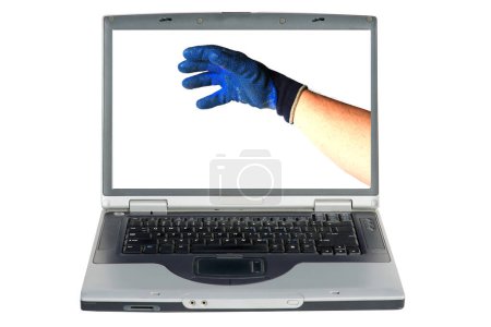 Foto de Ordenador portátil con una mano de hombre que usa guantes de seguridad de construcción - Imagen libre de derechos