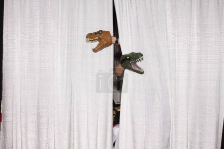 Téléchargez les photos : L'homme fait des performances avec des marionnettes à tête de dinosaure pendant la fête - en image libre de droit