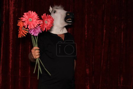 Téléchargez les photos : Un homme portant un masque de tête de cheval en caoutchouc pose et tient des fleurs pendant qu'il se fait prendre en photo dans une cabine photo. - en image libre de droit
