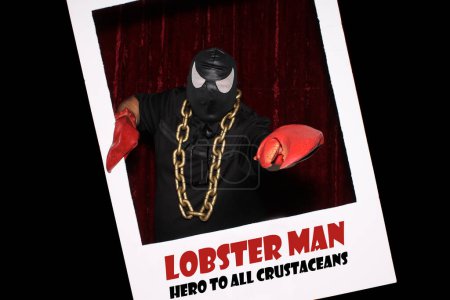 Photo for Photo Booth. Lobster Man, Hero to All Coruscations. A man poses in a Photo Booth as LOBSTER MAN. - Royalty Free Image