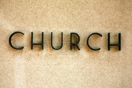 Photo for Church. Metal Church Sign. Christian Church Sign on the wall of a building. Welcome sign. Sign at a church. Christian House of Worship. Christian icon. God's House. House of God. Religion. Signage. - Royalty Free Image