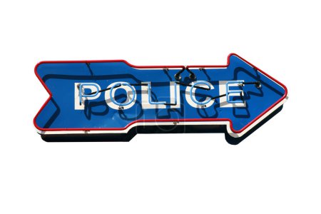Photo for Police. Neon POLICE Arrow Sign. Police Sign pointing to the Police Station. Sign with cloudy sky. Neon Sign. Blue Neon. Red Neon. Advertising. Directions. Peace Officer. Cops are very important. Cops. - Royalty Free Image