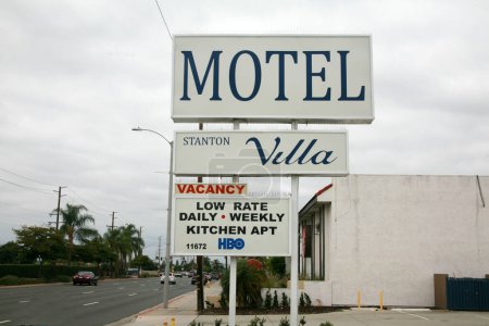 Photo for Stanton, California - USA - September 17-2023: Stanton Villa Motel. Weekly Rentals, Nightly Rentals, Extended Stay, HBO, Free WiFi. Motel Stanton Villa. Old motel sign in Stanton, California. - Royalty Free Image