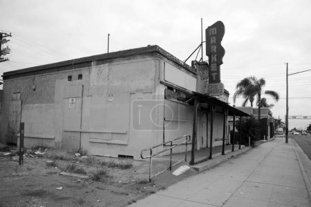 Photo for Stanton, California - USA - September 17, 2023: The remains of Bauman's Fabulous Market. This Old West-style general store, which was the Stanton City Hall when it was built in 1912. Vacant Building. - Royalty Free Image