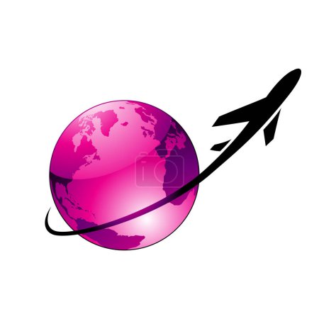 Photo for Illustration of Airplane Flying Around a Magenta Glossy Globe isolated on a White Background - Royalty Free Image