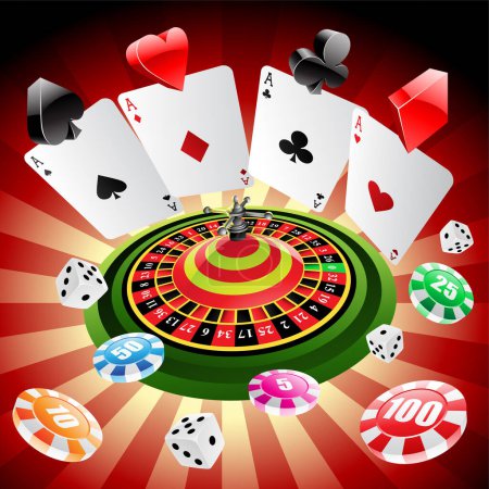 Téléchargez les photos : Table de roulette avec divers jeux d'argent et éléments de casino comme les cartes à jouer, les dés et les jetons de roulette - en image libre de droit