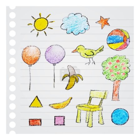 Foto de Dibujos para niños con lápices de color sobre un fondo de papel forrado - Imagen libre de derechos