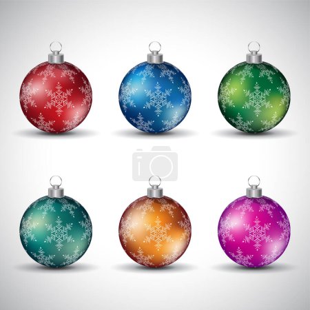 Téléchargez les photos : Boules de Noël brillantes colorées avec des dessins de flocon de neige sur un fond gris - en image libre de droit