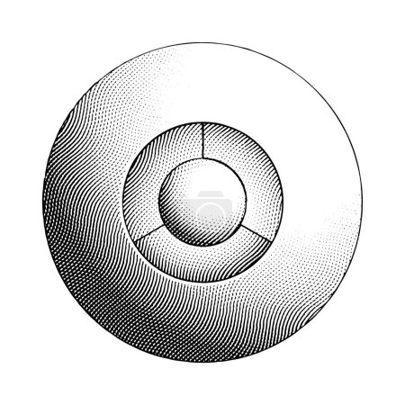 Téléchargez les photos : Illustration d'une forme ronde abstraite gravée sur carton rayé isolée sur un fond blanc - en image libre de droit