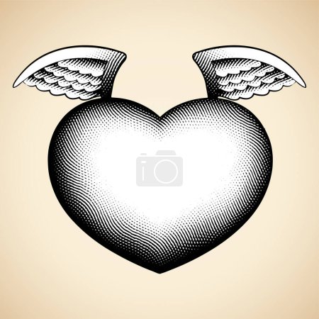 Téléchargez les photos : Illustration du Coeur d'Ange Gravé Scratchboard avec Remplissage Blanc isolé sur fond Beige - en image libre de droit